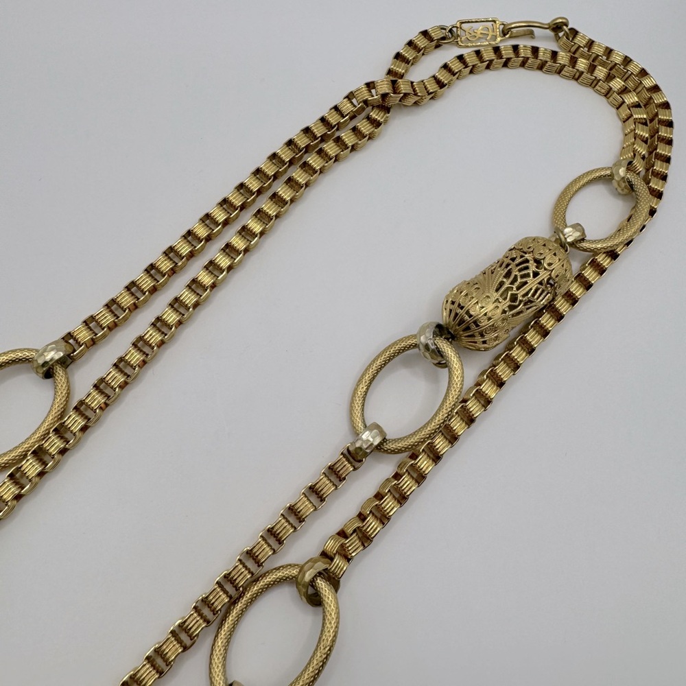 YSL Vintage Long Box Chain Filigree Barrel Necklace - Picture 9 of 13